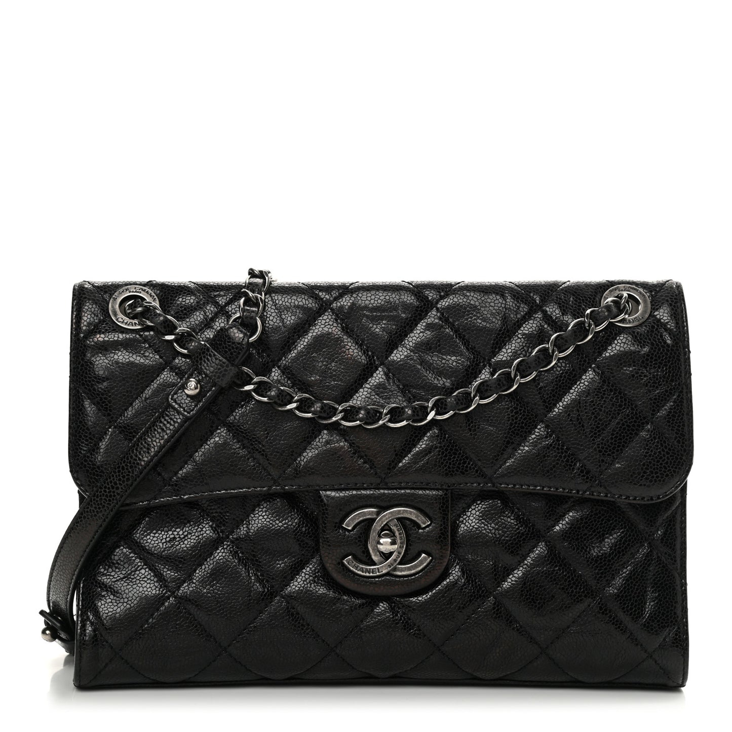 Crumpled Grained Calfskin Medium CC Crave Flap Black