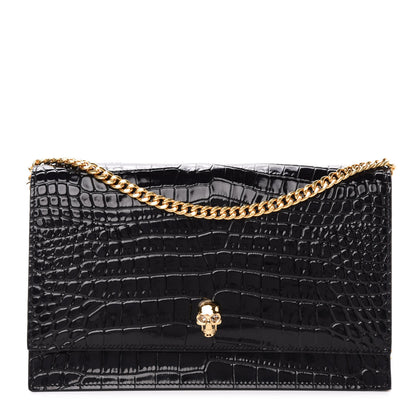 Alexander McQueen Calfskin Crocodile Embossed Skull Medium Shoulder Bag Black 1 of 10