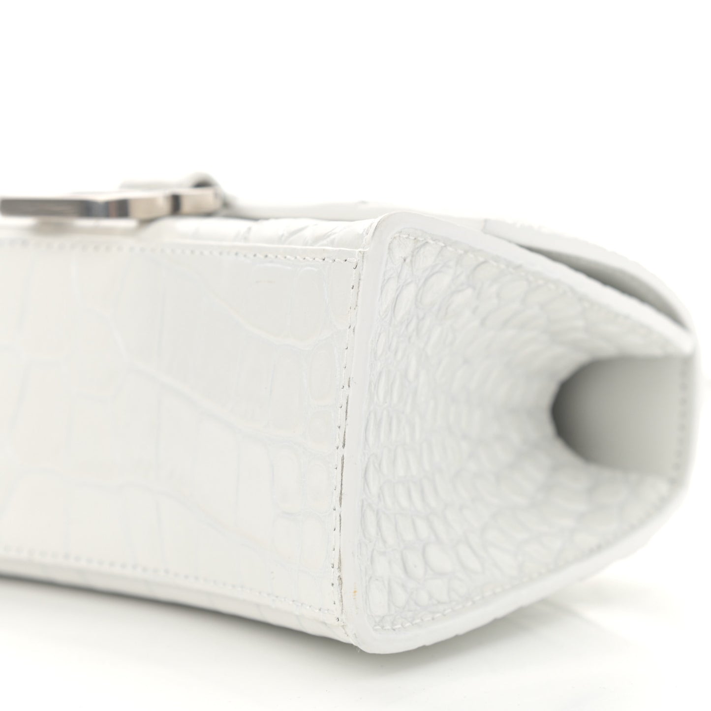 Shiny Calfskin Crocodile Embossed Hourglass Top Handle Bag XS White