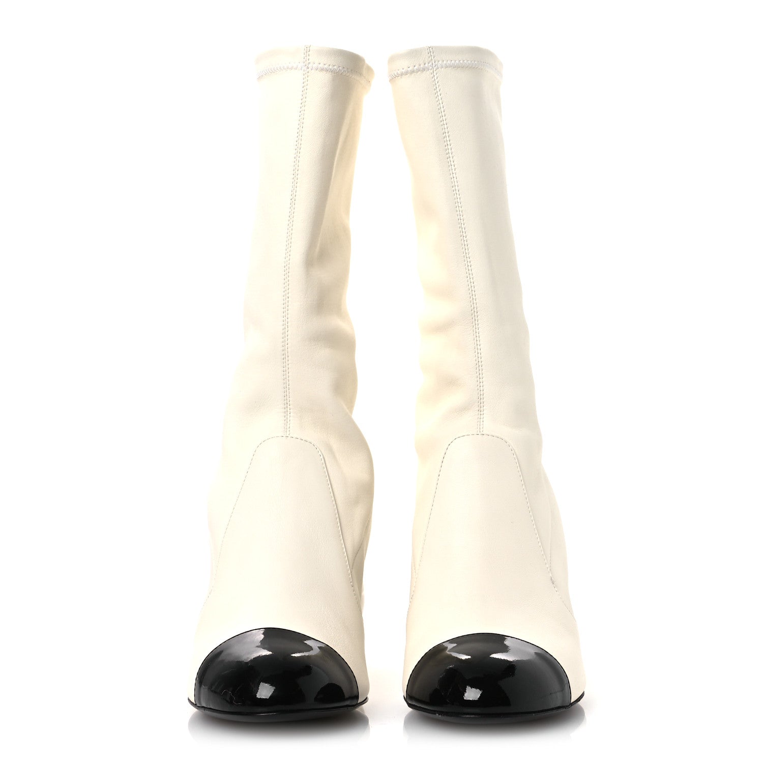 Chanel Stretch Lambskin Patent Cap Toe Pearl Ball Mid Calf Boots 39 White Black 3 of 12