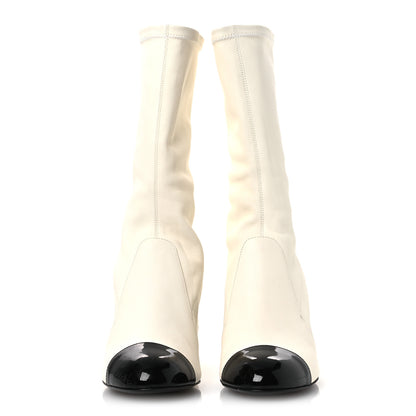 Chanel Stretch Lambskin Patent Cap Toe Pearl Ball Mid Calf Boots 39 White Black 3 of 12