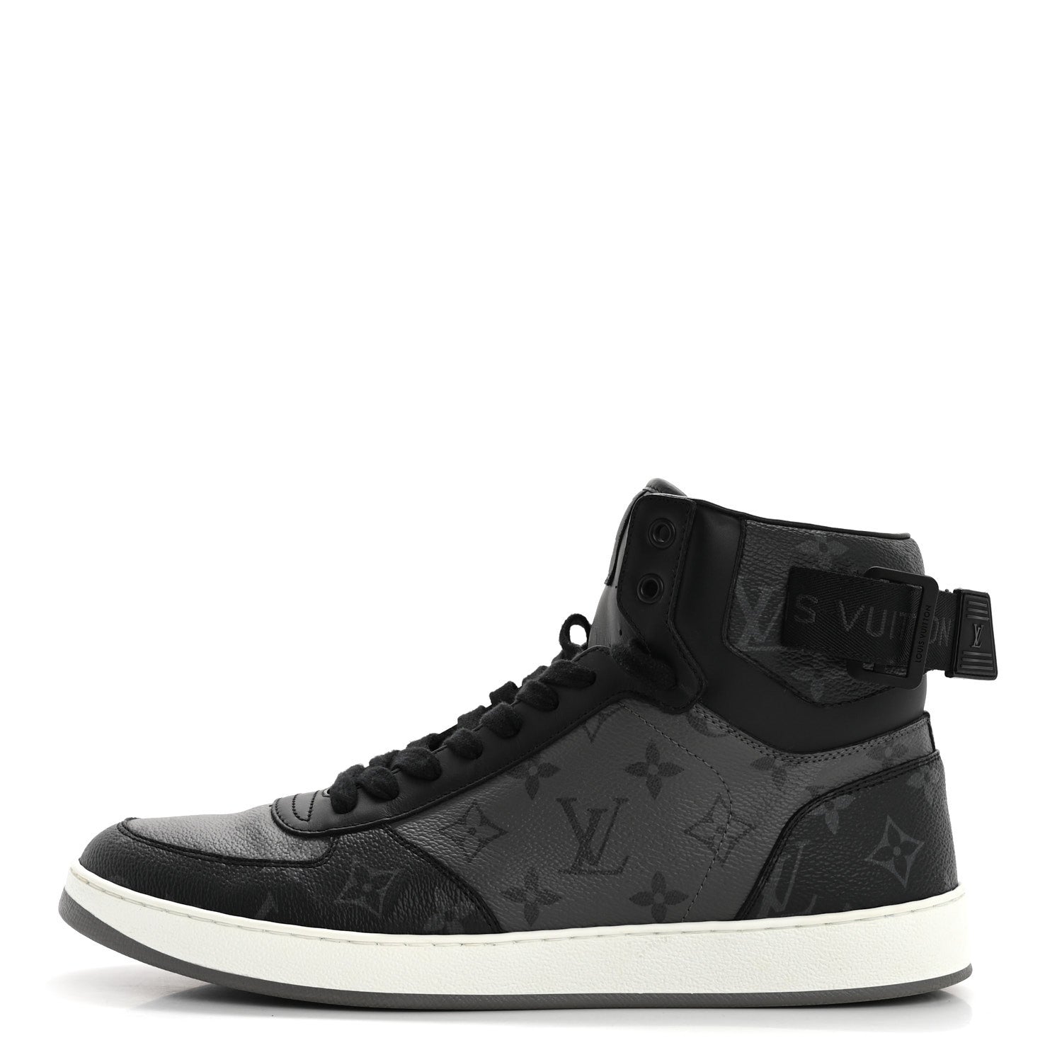 Louis Vuitton Calfskin Monogram Eclipse Mens Rivoli High Top Sneakers 9 Black Grey 1 of 10