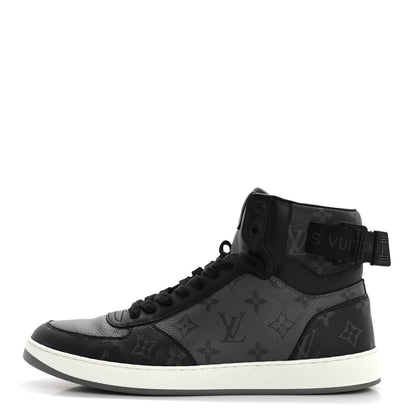 Louis Vuitton Calfskin Monogram Eclipse Mens Rivoli High Top Sneakers 9 Black Grey 1 of 10