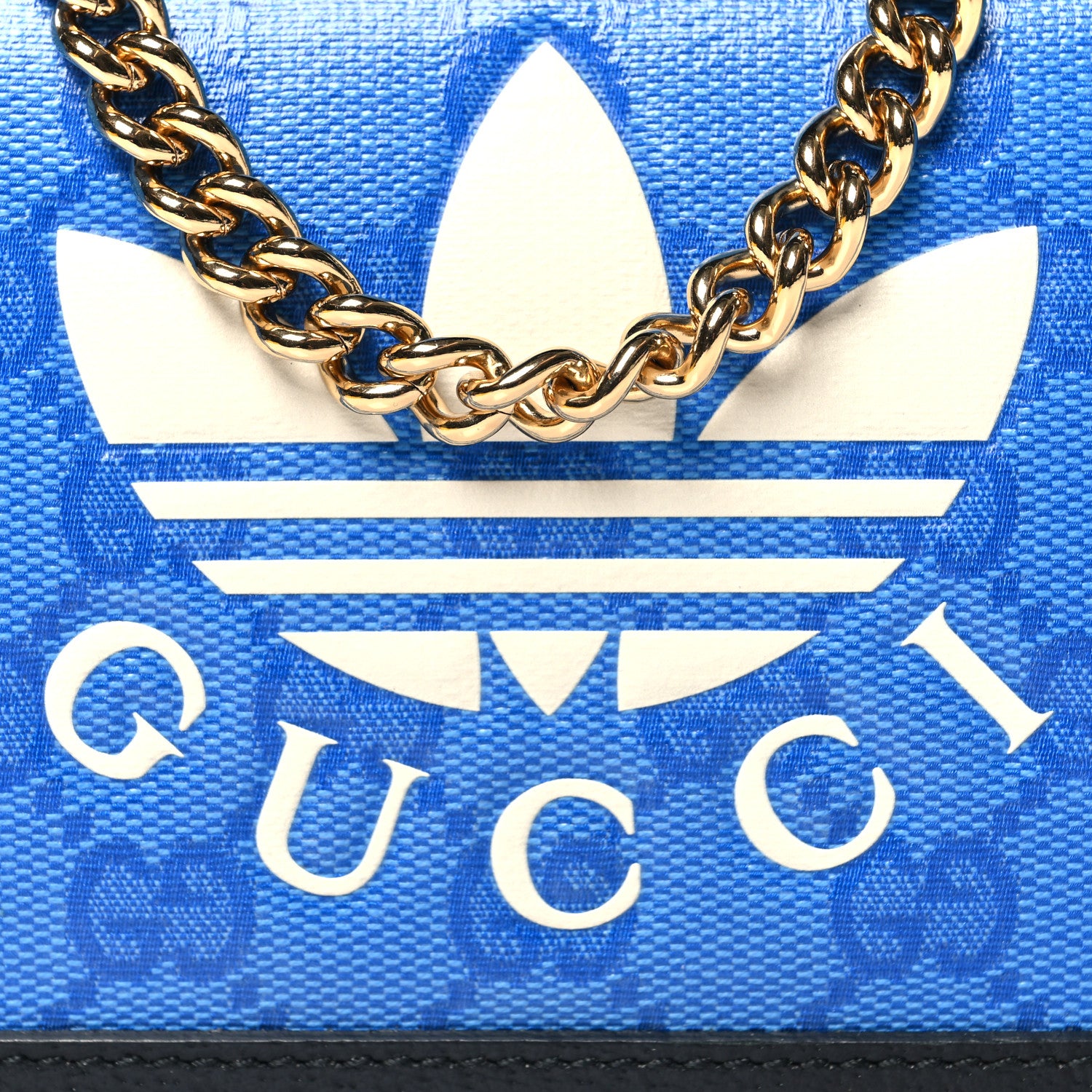 Gucci X ADIDAS Monogram Textured Dollar Calfskin Trefoil Embossed Wallet On Chain Blue 8 of 11
