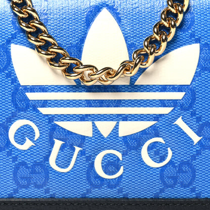 Gucci X ADIDAS Monogram Textured Dollar Calfskin Trefoil Embossed Wallet On Chain Blue 8 of 11