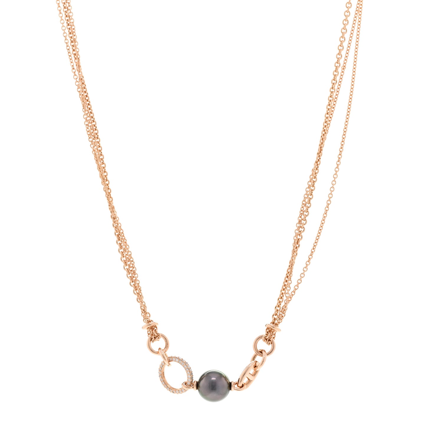 18K Rose Gold Diamond Black Tahitian Cultured Pearl Albertine Necklace ST