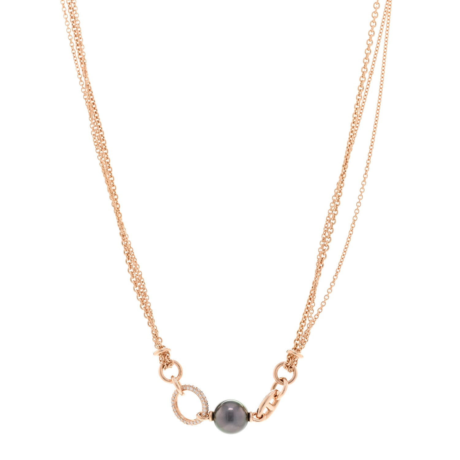 Hermes 18K Rose Gold Diamond Black Tahitian Cultured Pearl Albertine Necklace ST 1 of 6