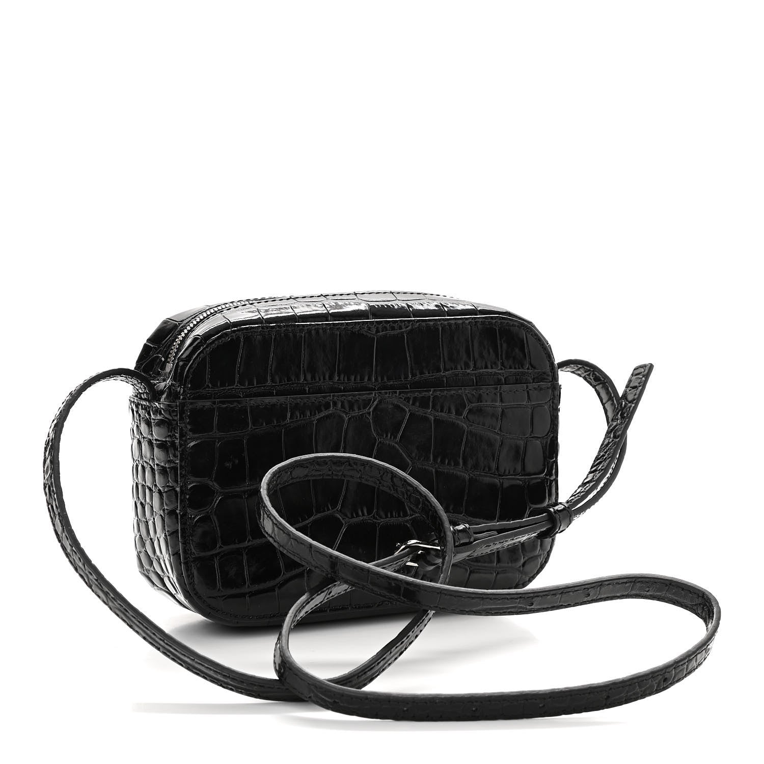 Balenciaga Shiny Calfskin Logo Crocodile Embossed XS Everyday Camera Bag Black 3 of 10