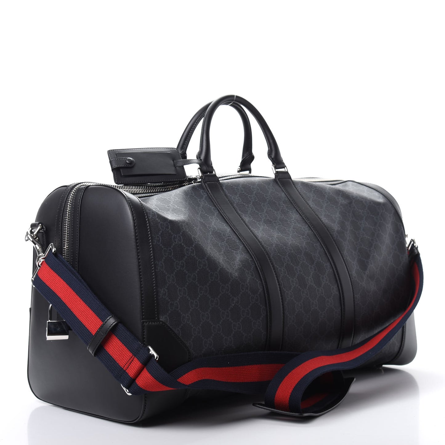 Soft GG Supreme Monogram Appia Calfskin Web Large Carry On Duffle Bag Black Grey