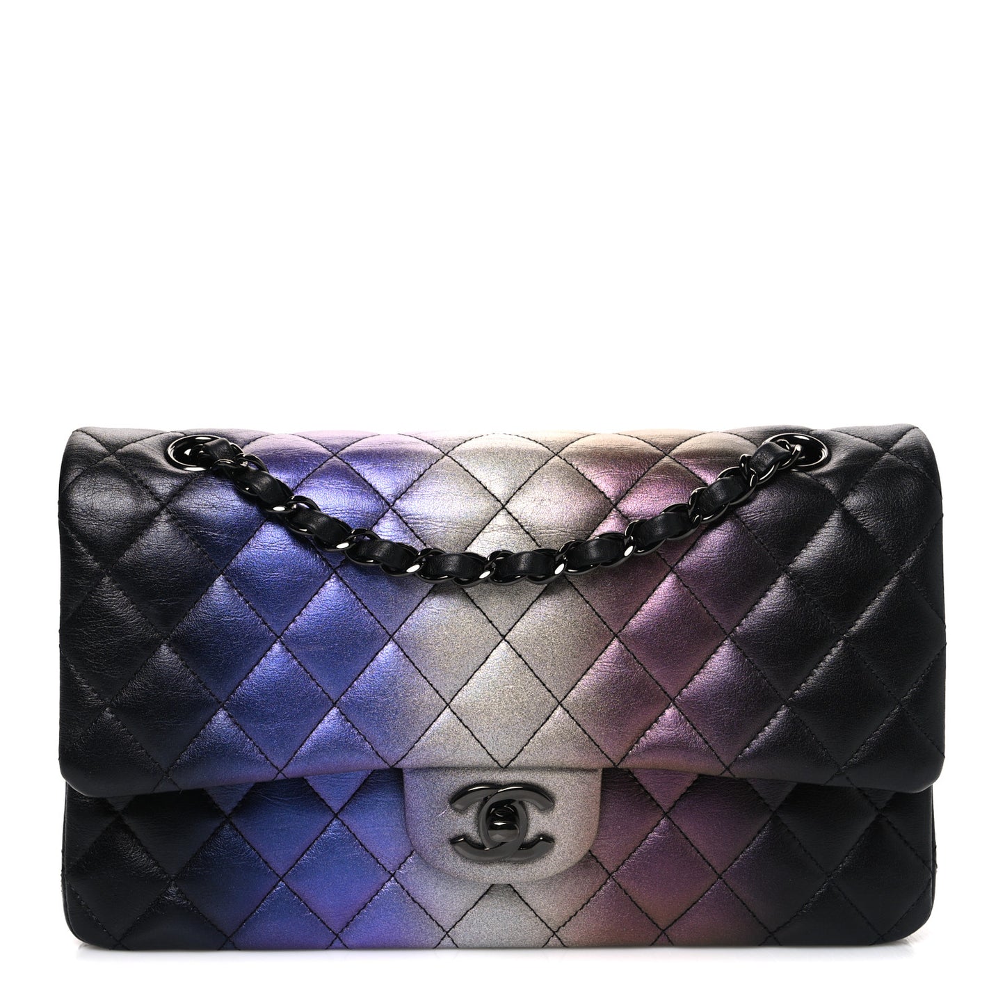 Metallic Calfskin Quilted Ombre Medium Double Flap Black