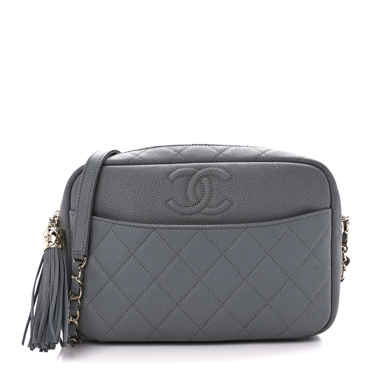Iridescent Caviar Flat Quilted Small Coco Tassel Camera Case Grey