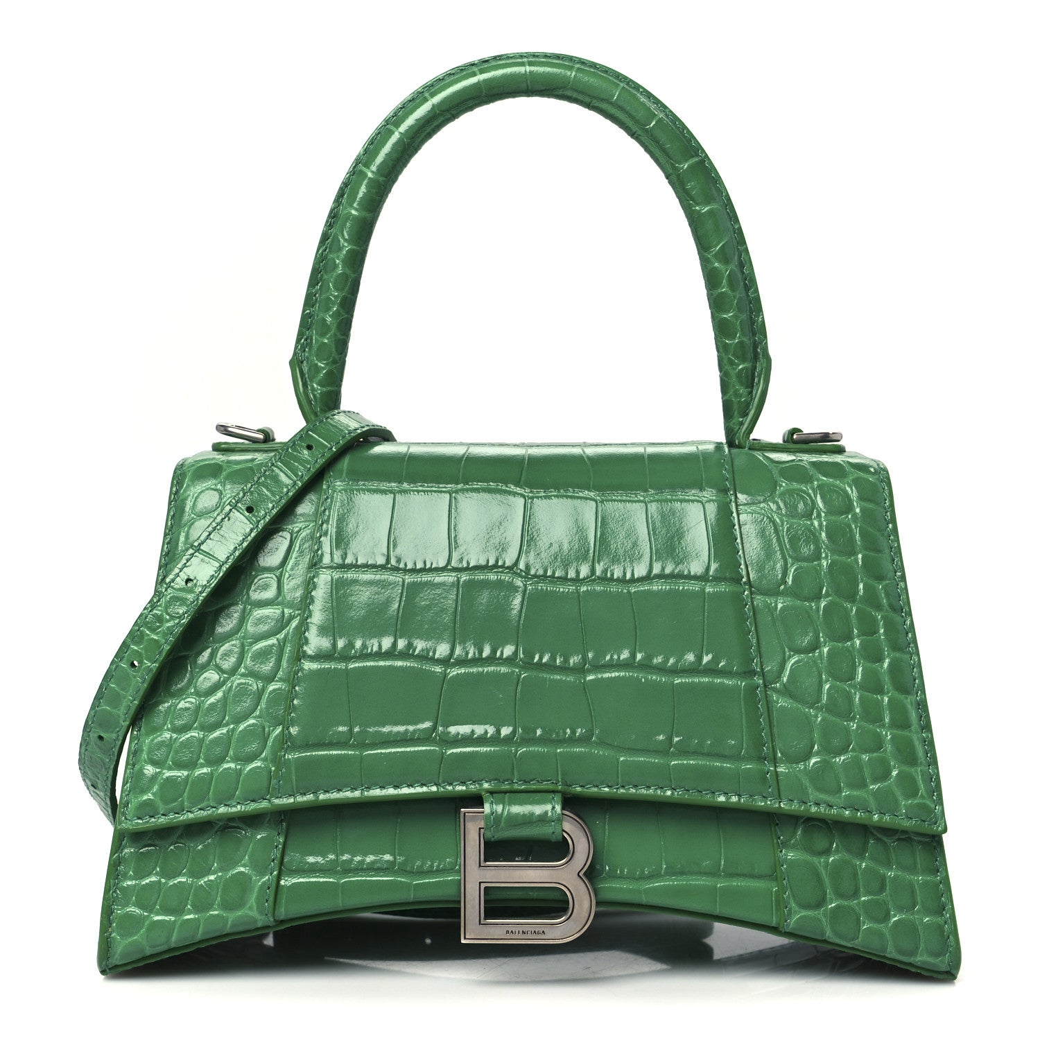 Balenciaga Shiny Calfskin Crocodile Embossed Small Hourglass Top Handle Bag Leaf Green 1 of 9