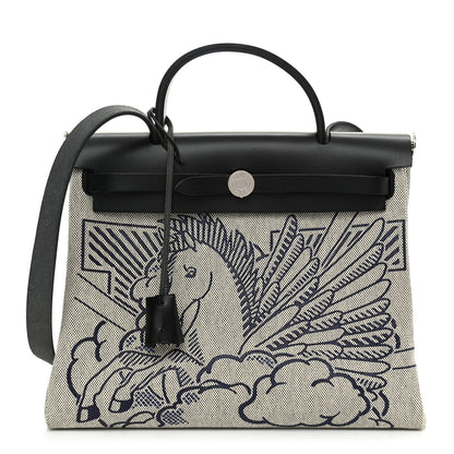 Hermes Vache Hunter Toile H Pegase Pop Herbag Zip Retourne 31 PM Bleu Indigo Ecru Black 3 of 9
