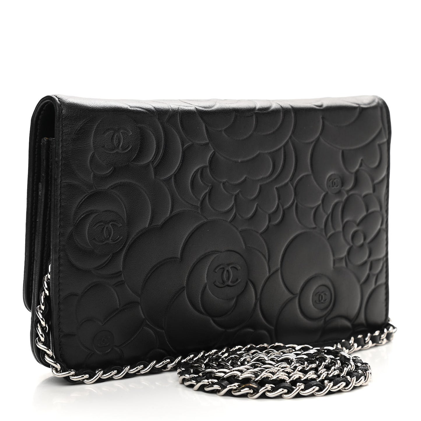 Lambskin Camellia Embossed Wallet on Chain WOC Black