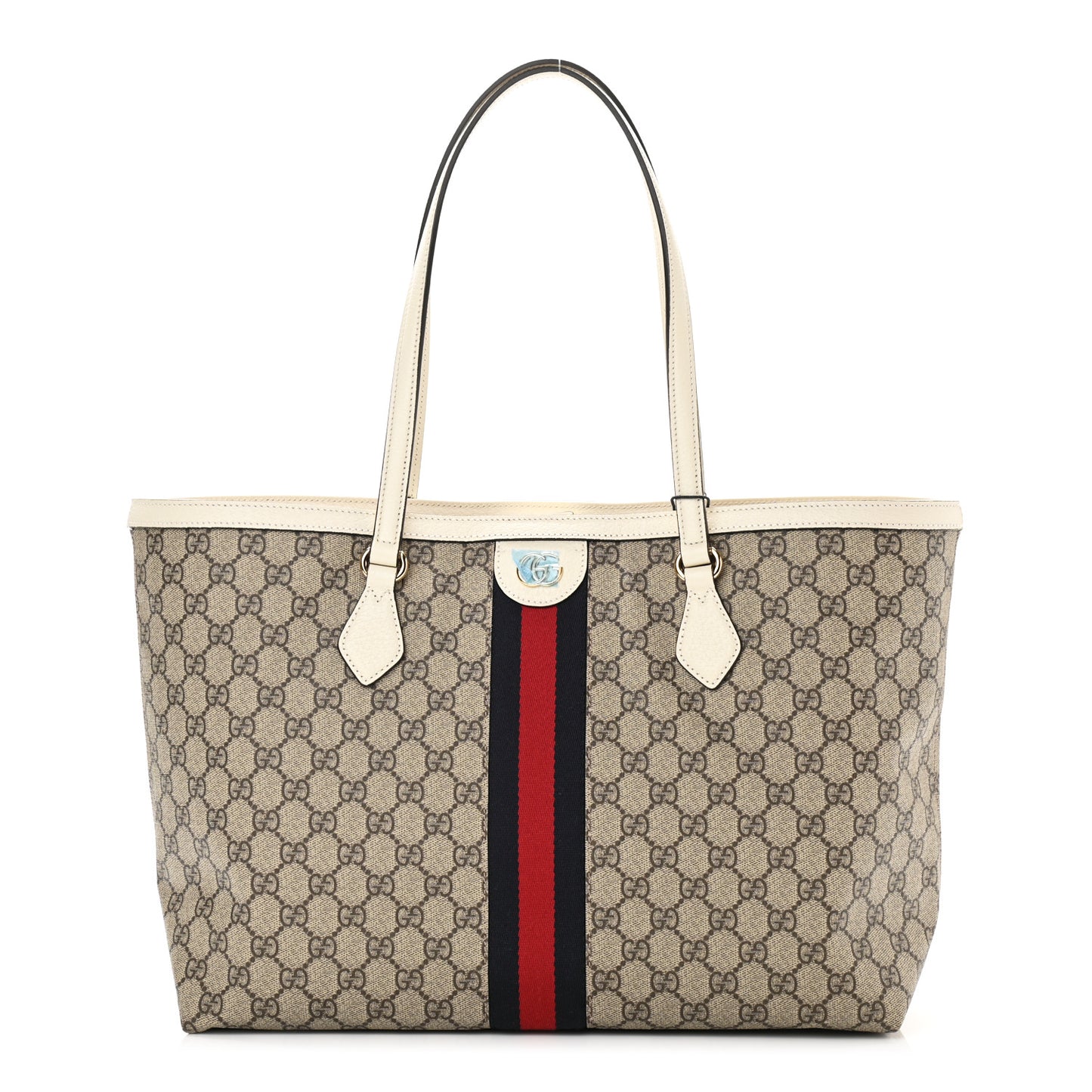 GG Supreme Monogram Textured Dollar Calfskin Web Medium Ophidia Shopping Tote Beige Ebony Mystic White