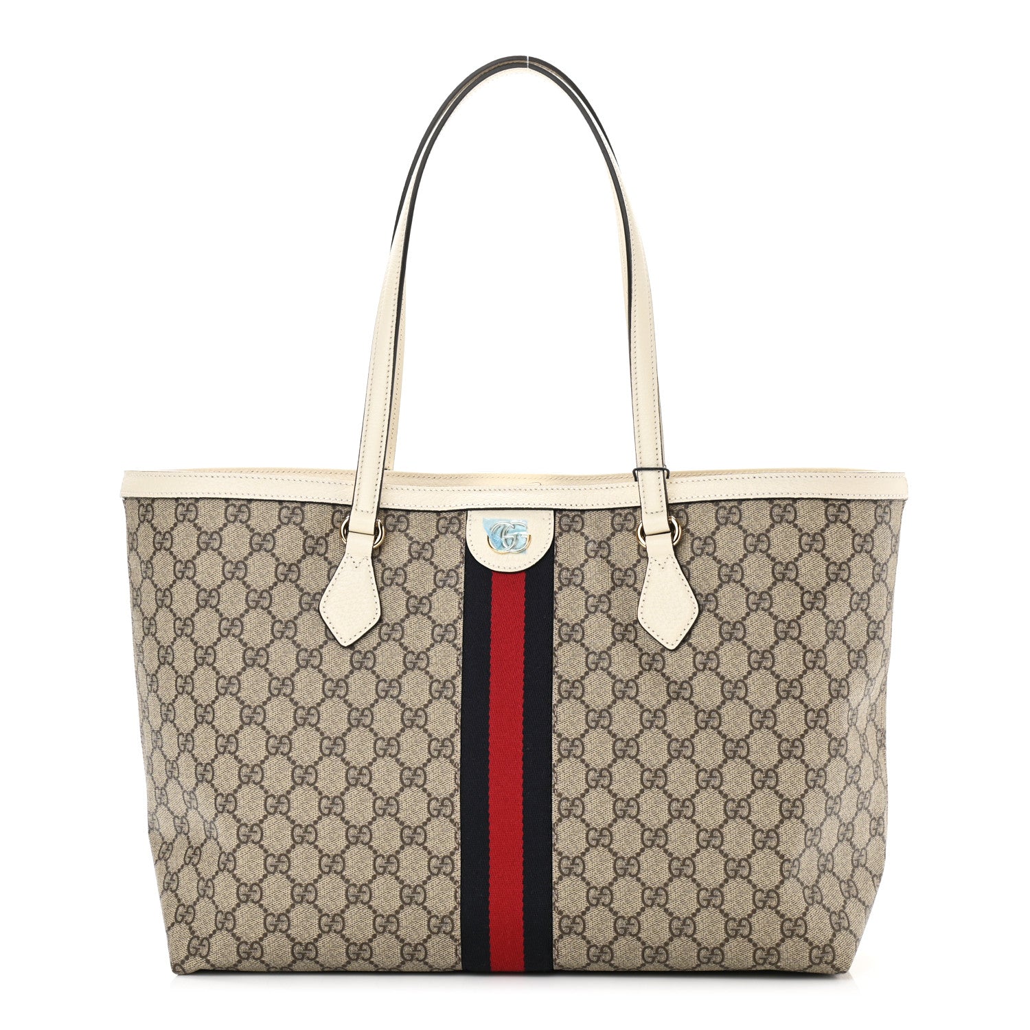 Gucci GG Supreme Monogram Textured Dollar Calfskin Web Medium Ophidia Shopping Tote Beige Ebony Mystic White 1 of 11