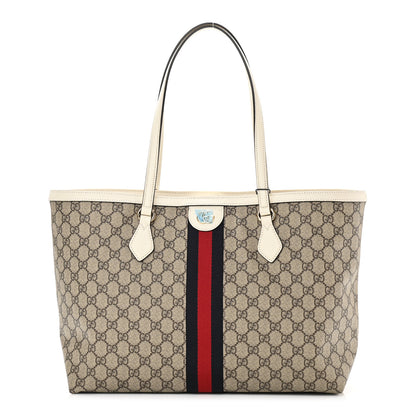 Gucci GG Supreme Monogram Textured Dollar Calfskin Web Medium Ophidia Shopping Tote Beige Ebony Mystic White 1 of 11