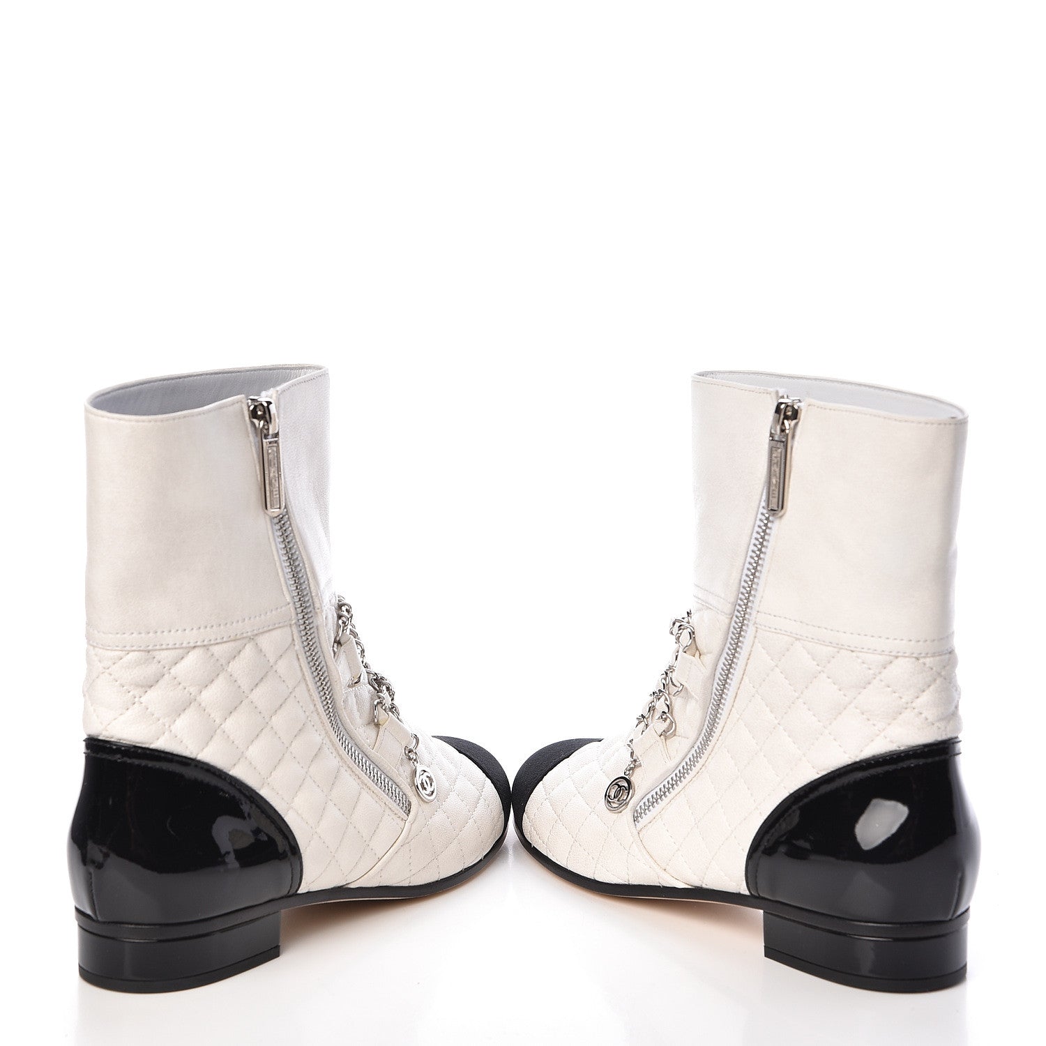 Chanel Lambskin Grosgrain Quilted Cap Toe Chain Boots 37.5 White Black 6 of 11