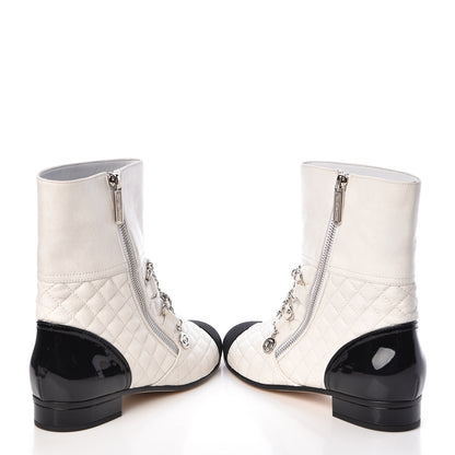Chanel Lambskin Grosgrain Quilted Cap Toe Chain Boots 37.5 White Black 6 of 11
