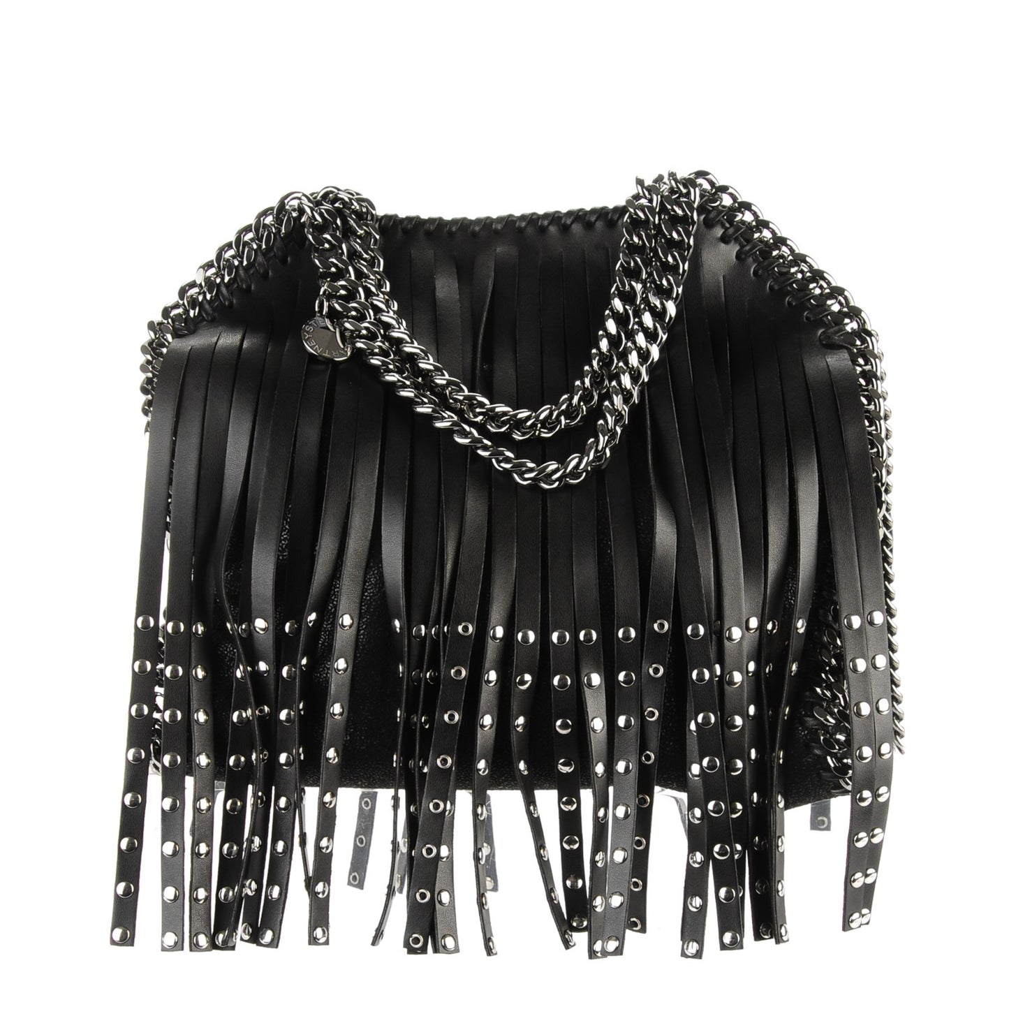 Faux Leather Mini Falabella Studded Fringe Tote Black