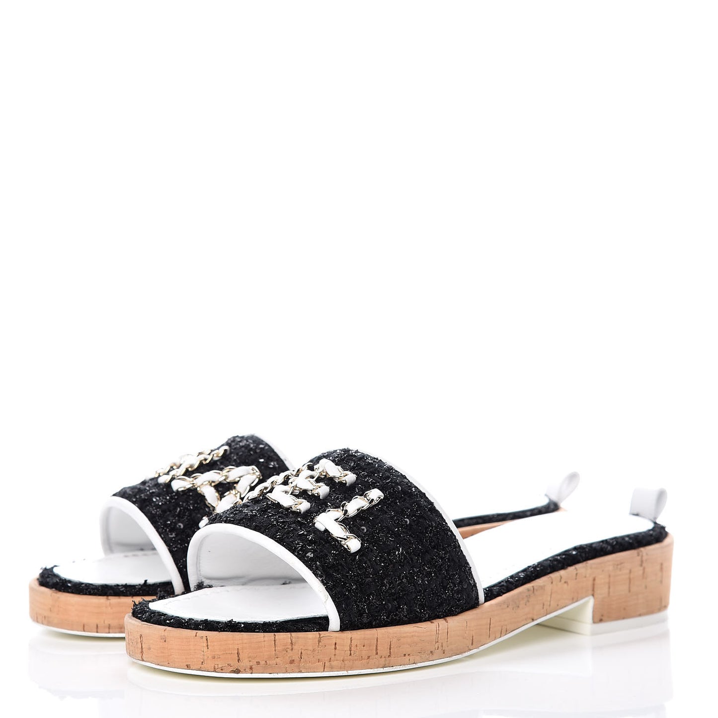 Tweed Cork CC Chain Mule Sandal 39 Black