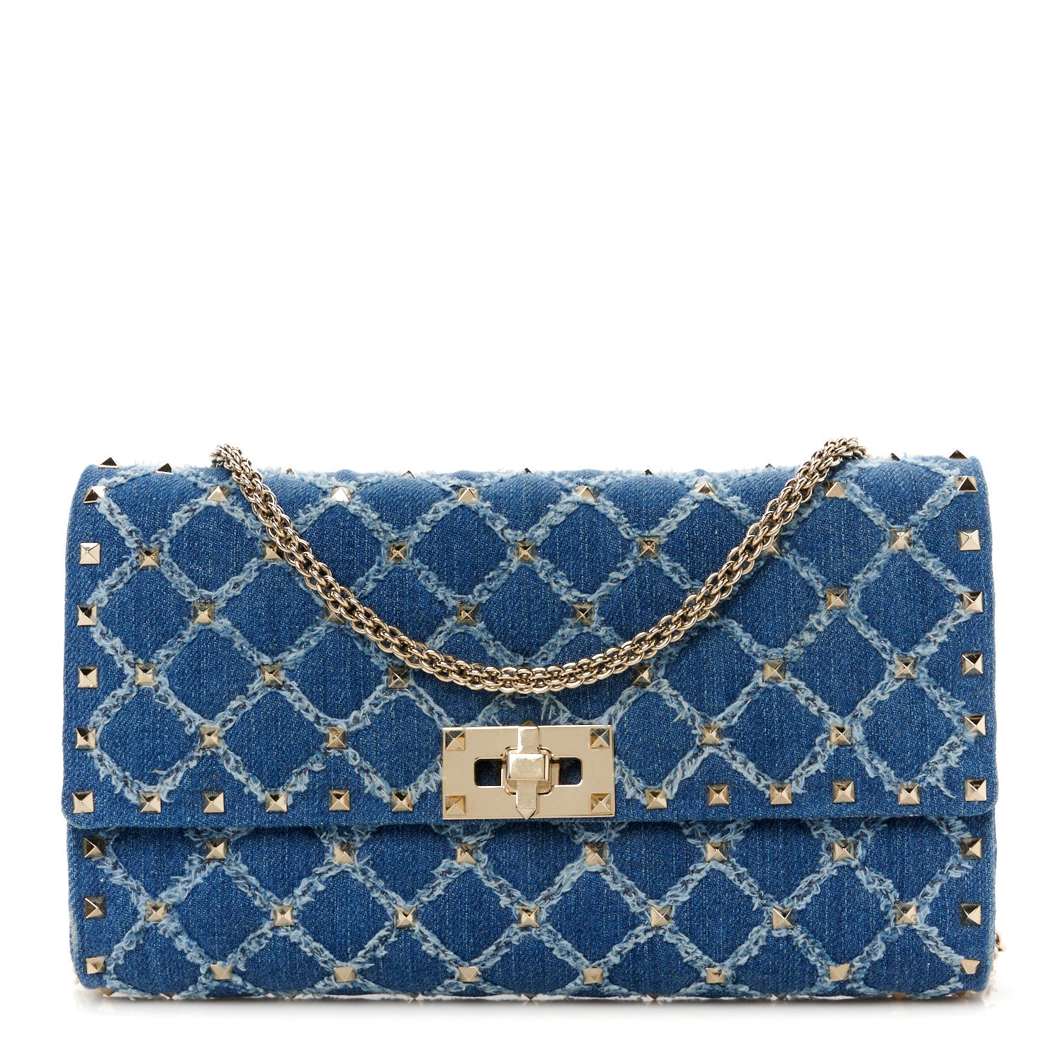 Valentino Garavani Denim Rockstud Spike Wallet on Chain Blue 1 of 10