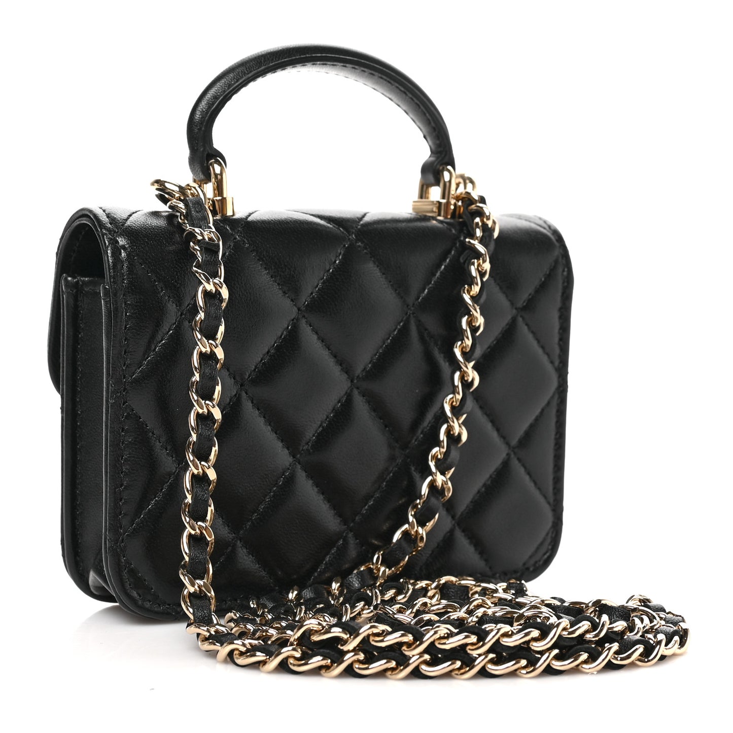Lambskin Quilted Top Handle Flap Coin Purse With Chain Black