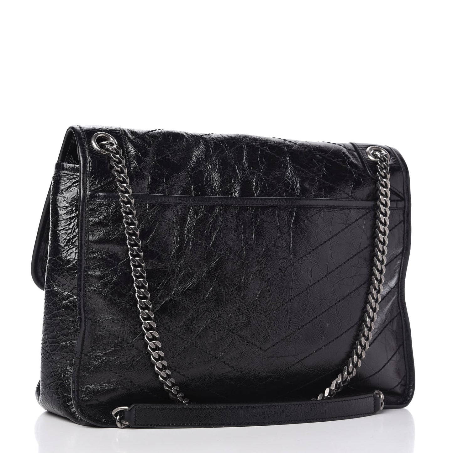 Crinkled Calfskin Matelasse Monogram Large Niki Chain Satchel Black