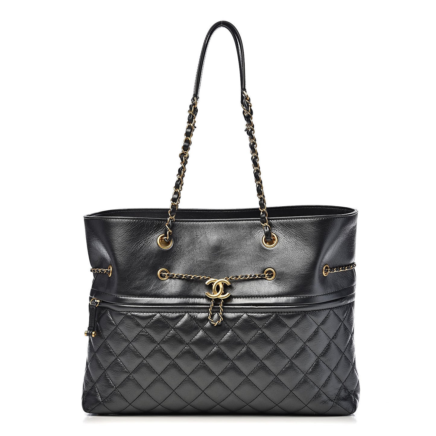 Aged Calfskin Quilted Drawstring Shopping Tote Black