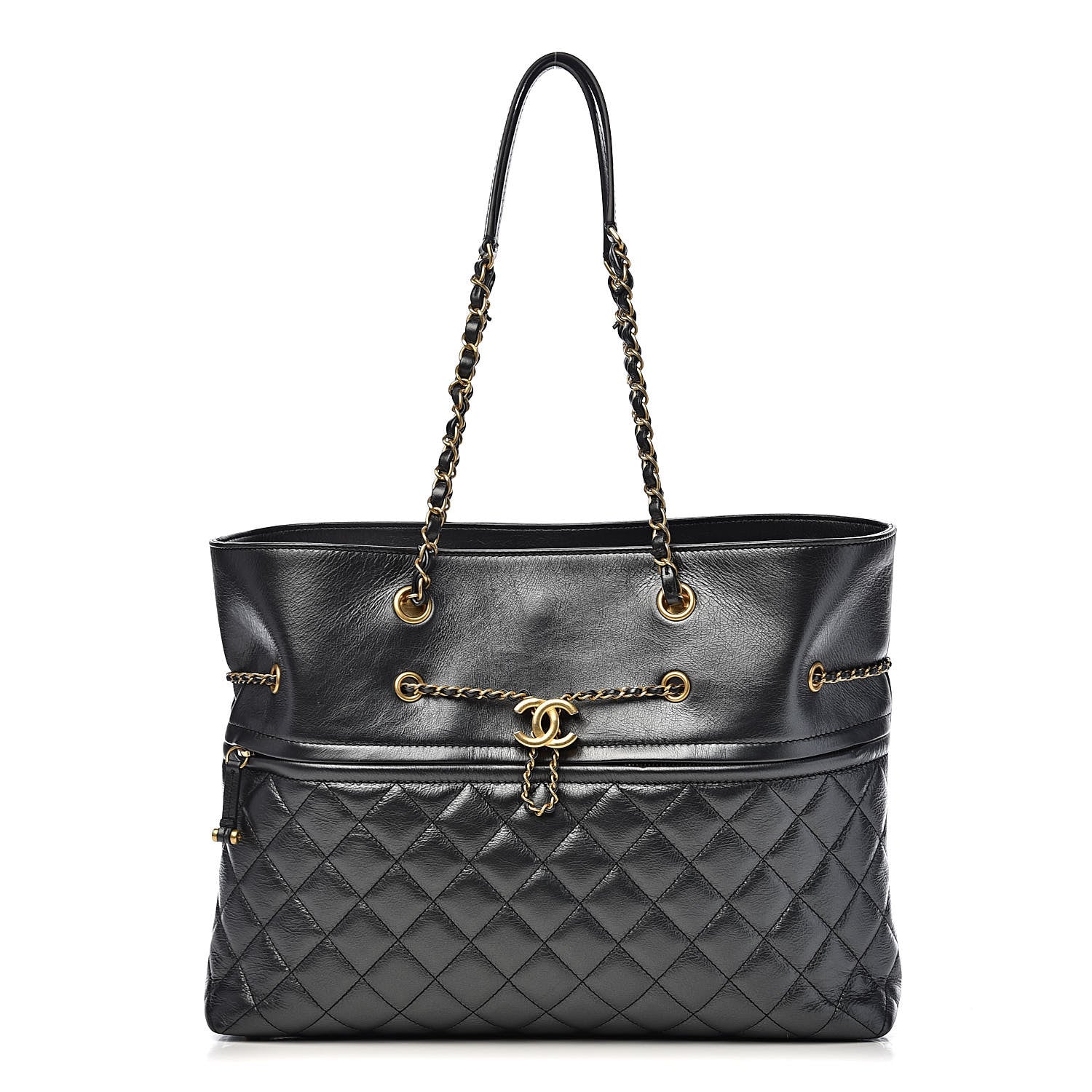 Chanel Aged Calfskin Quilted Drawstring Shopping Tote Black 1 of 13