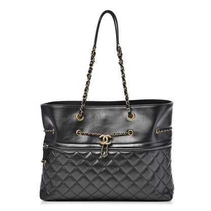 Chanel Aged Calfskin Quilted Drawstring Shopping Tote Black 1 of 13