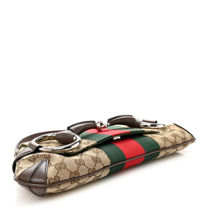 Gucci Monogram Textured Dollar Calfskin Heavy Grosgrain Web Medium Maxi Horsebit Chain Shoulder Bag Beige Ebony New Acero 4 of 9