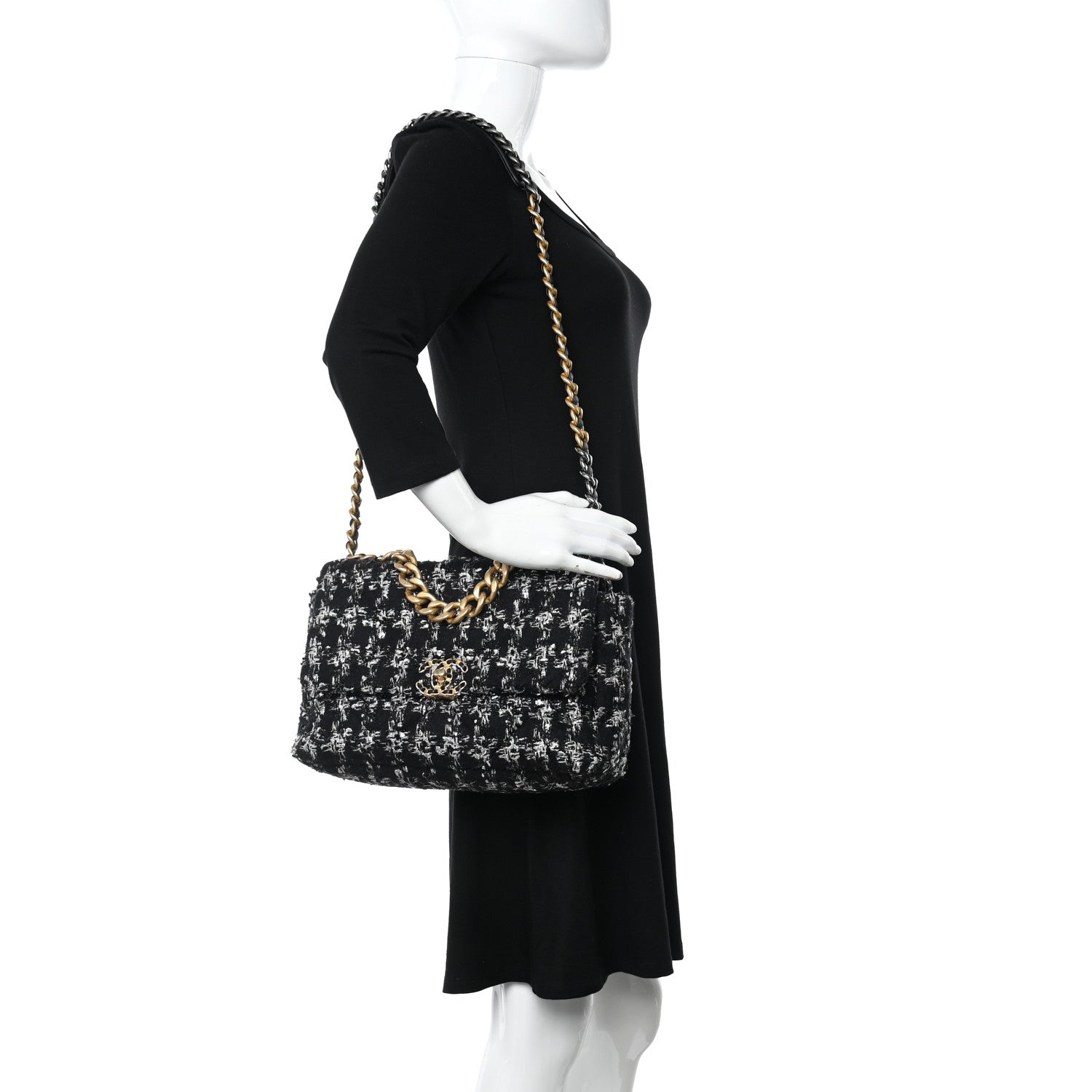 Chanel Tweed Quilted Large Chanel 19 Flap Black Silver Ecru 2 of 11