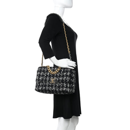 Chanel Tweed Quilted Large Chanel 19 Flap Black Silver Ecru 2 of 11