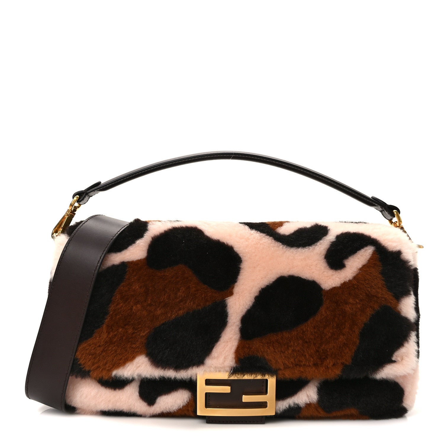 Fendi Shearling Vitello Dolce Leopard Print Large Baguette Pink Brown Multicolor 1 of 13