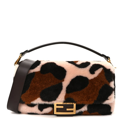 Fendi Shearling Vitello Dolce Leopard Print Large Baguette Pink Brown Multicolor 1 of 13