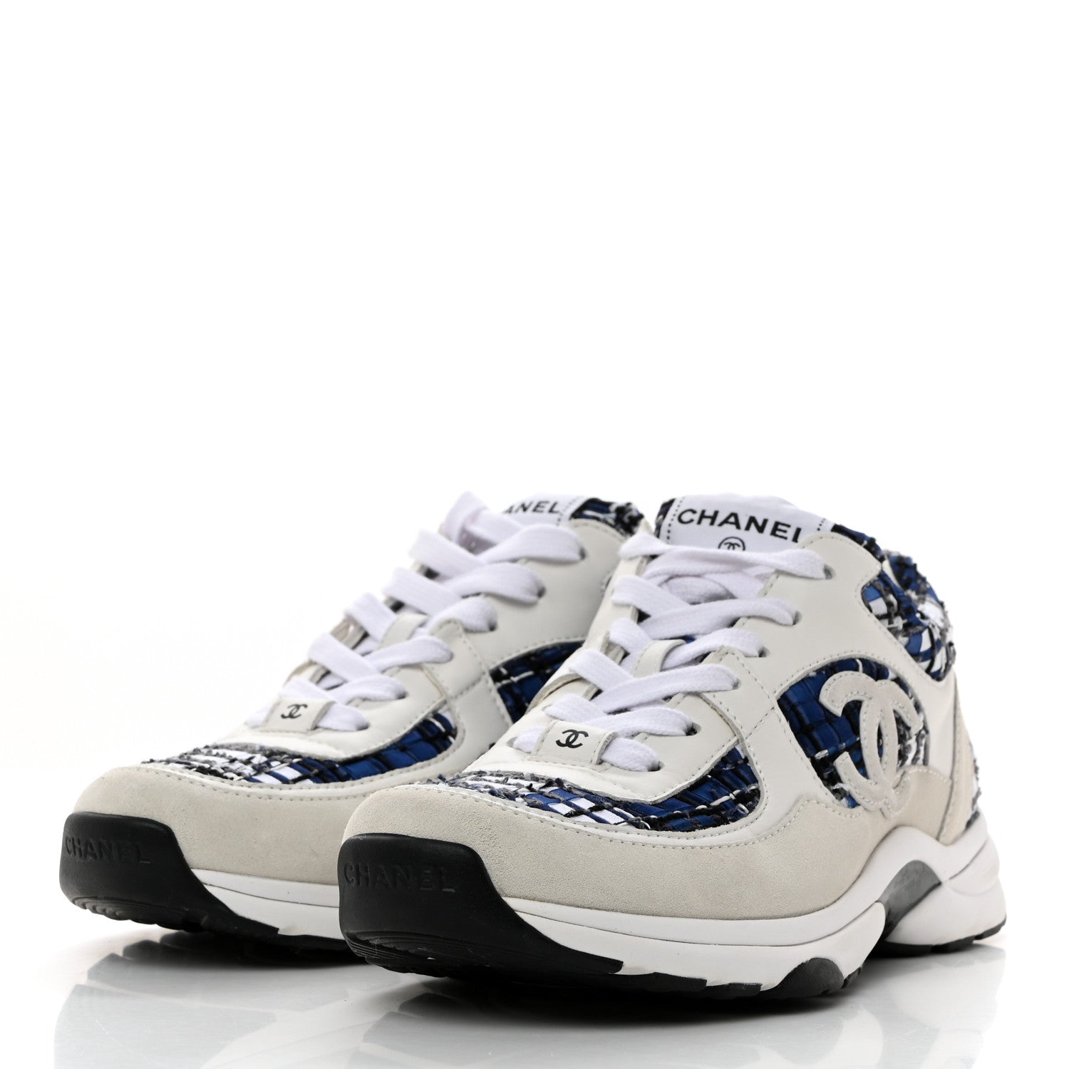 Chanel Tweed Suede Calfskin Womens CC Sneakers 38.5 Dark Blue Black Grey White 3 of 9