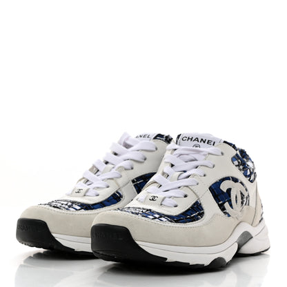 Chanel Tweed Suede Calfskin Womens CC Sneakers 38.5 Dark Blue Black Grey White 3 of 9