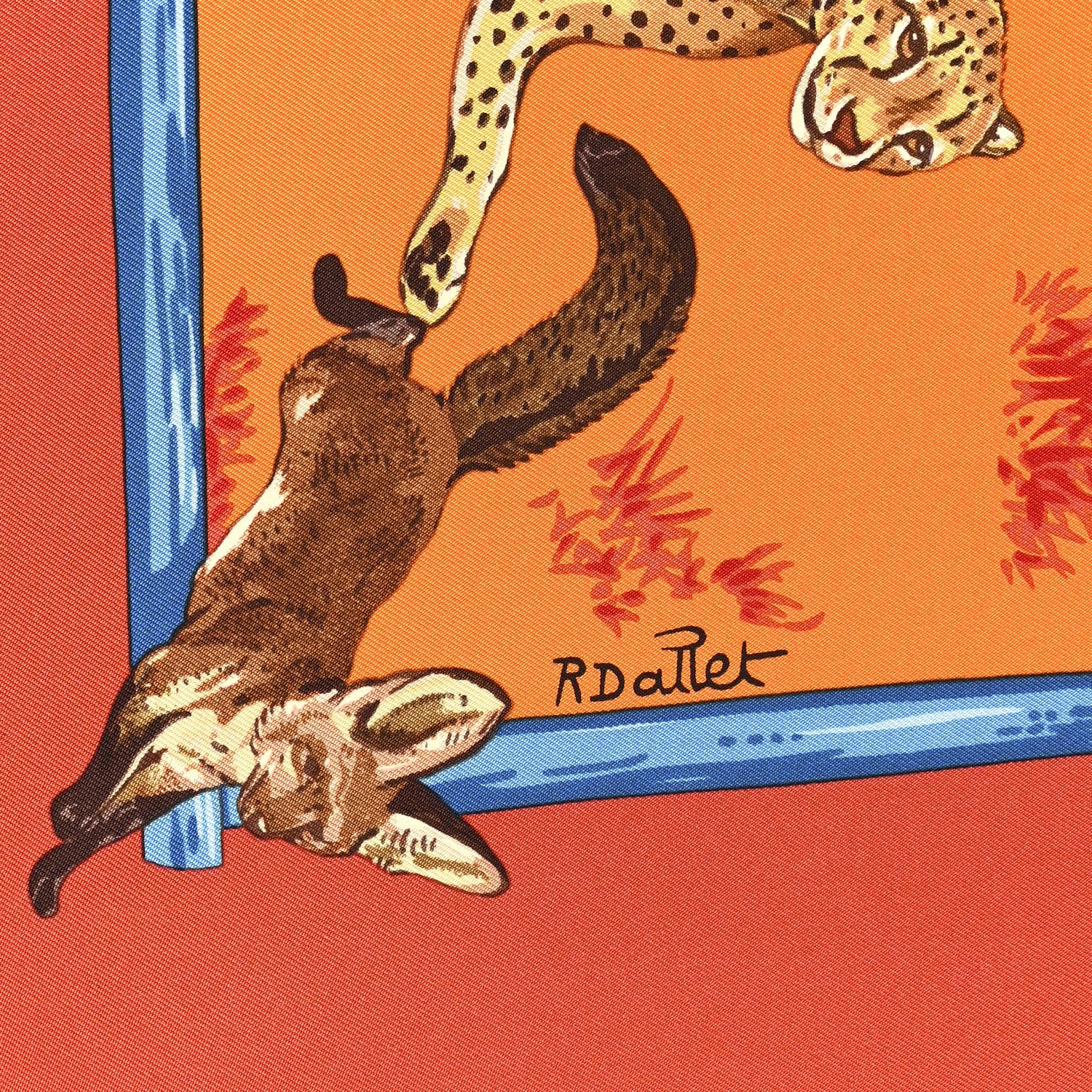 Hermes Silk Tendresse Feline Scarf 90 Brique Orange Bleu 9 of 12