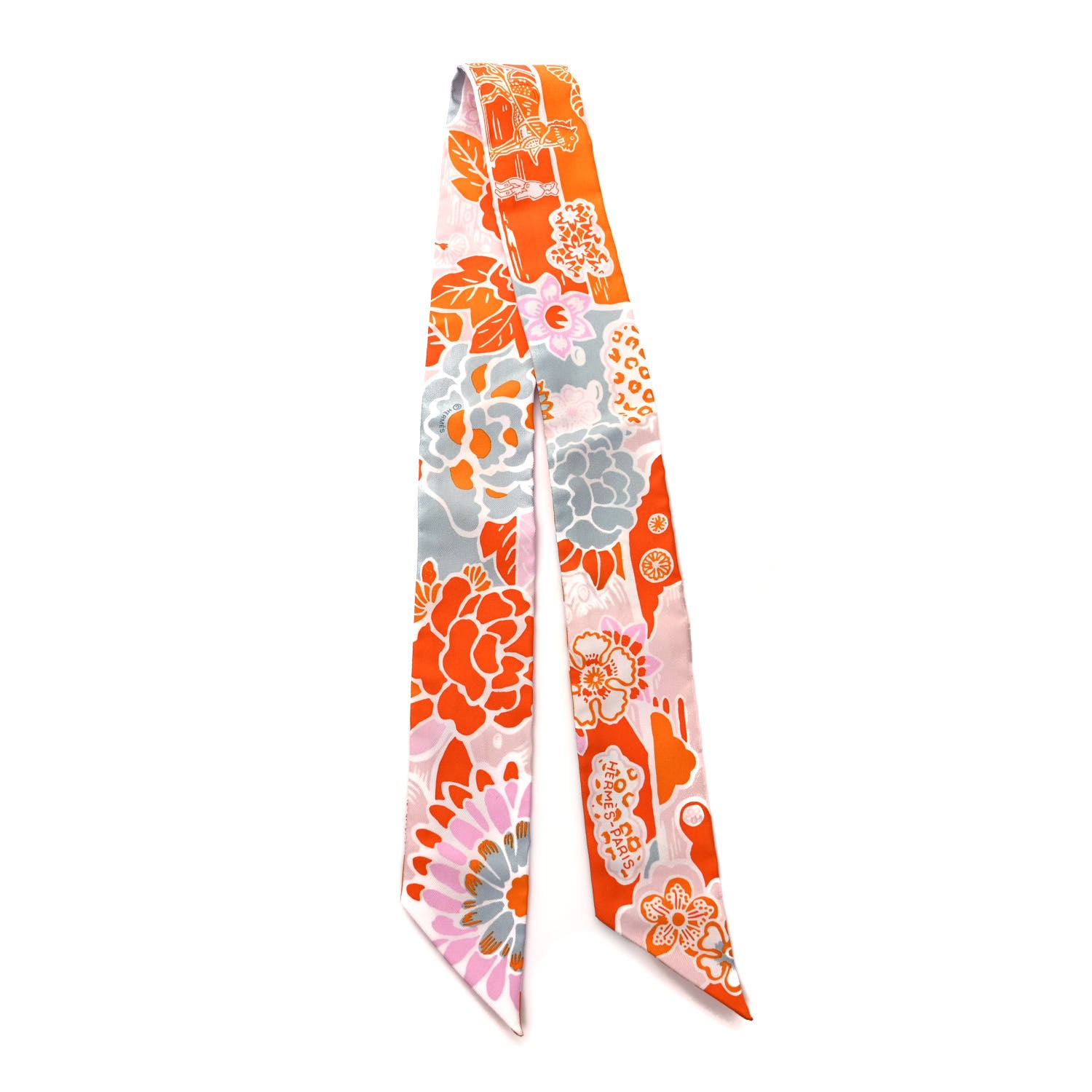 Hermes Silk Bingata Twilly Orange Rose Gris 2 of 4