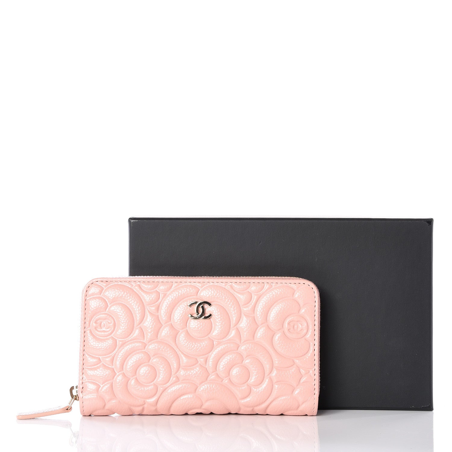 Chanel Caviar Camellia Embossed Small Zip Around Wallet Pink 11 of 11