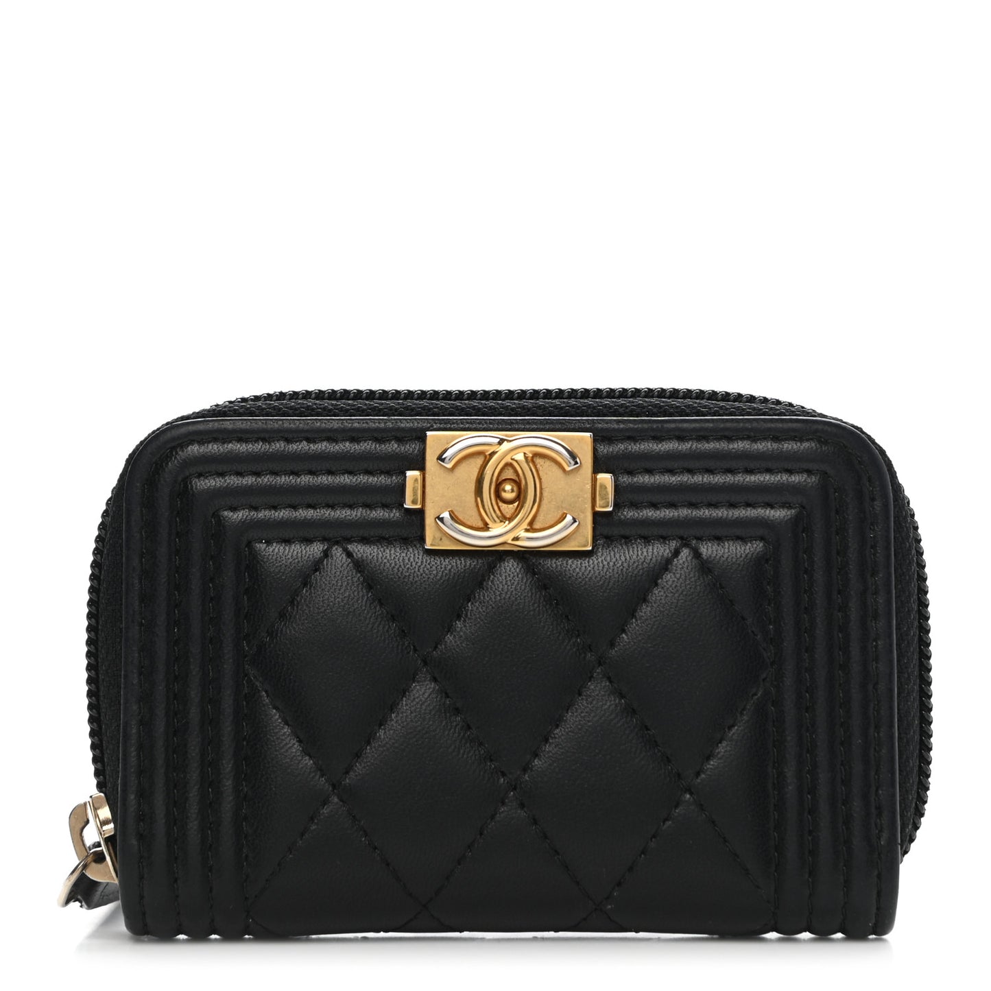 Lambskin Quilted Zip Around Boy Coin Purse Wallet Black