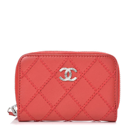 Chanel Lambskin Double Stitch Zip Coin Purse Coral Pink 1 of 8