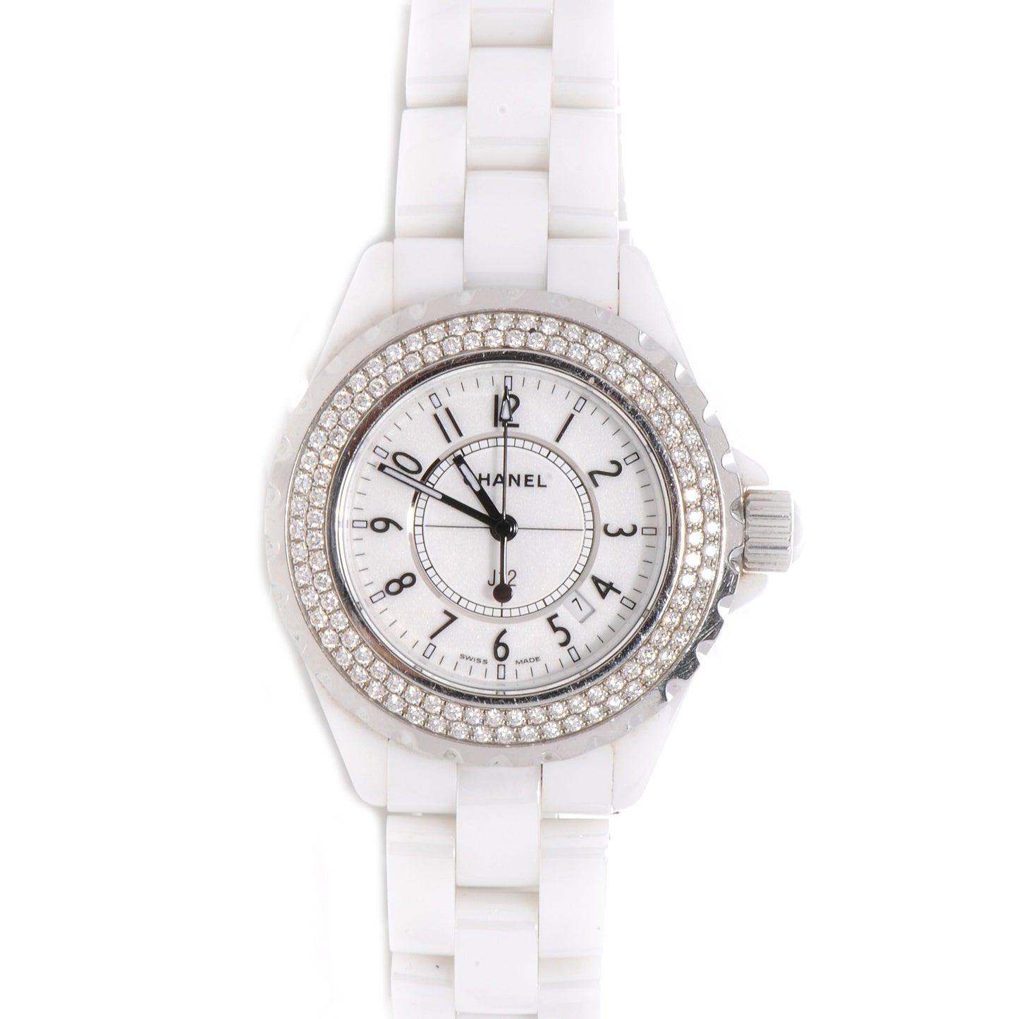 Stainless Steel Ceramic Diamond Pave Bezel 33mm J12 Quartz Watch White