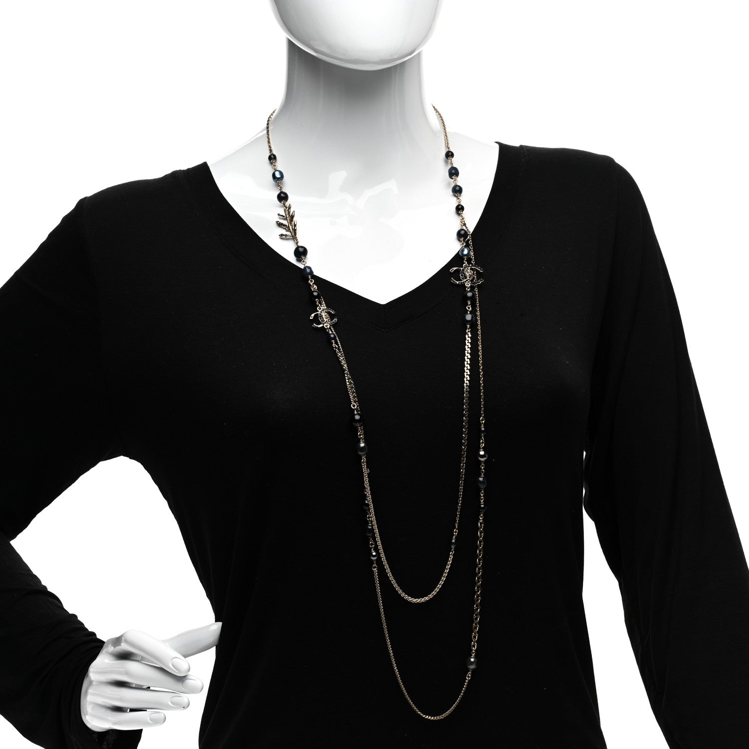 Chanel Glass Pearl Crystal CC Leaf Long Necklace Gold Blue 2 of 4