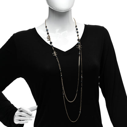 Chanel Glass Pearl Crystal CC Leaf Long Necklace Gold Blue 2 of 4