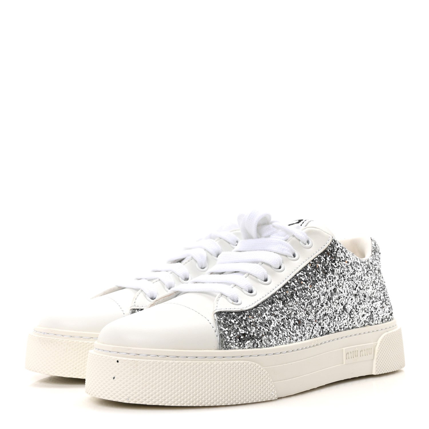 Miu Miu Calfskin Glitter Sneakers 37 White Argento 4 of 8