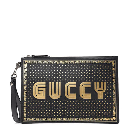 Gucci X SEGA Calfskin GUCCY Stars Zip Wristlet Pouch Black Gold 1 of 6