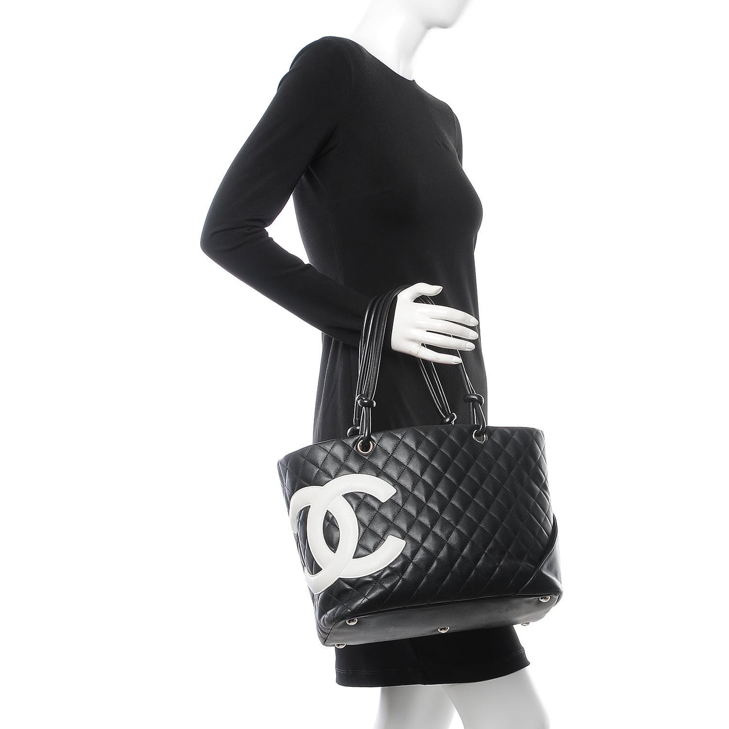 Calfskin Quilted Large Cambon Tote Black White