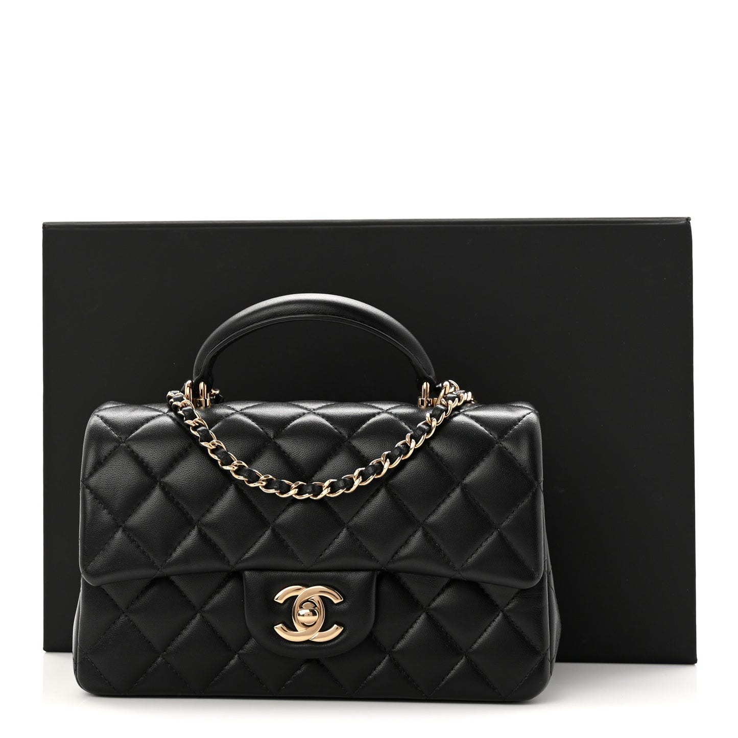 Lambskin Quilted Mini Top Handle Rectangular Flap Black